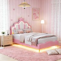 Cama infantil 90x140 cm, motivo de corona de princesa, polipiel rosa, cabecero en forma de nube, LED RGB controlable