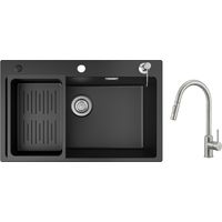Cecipa Evier 1 Bac en Quartz et Résine 70x45cm Evier de Cuisine avec Panier de Vidange et Distributeur de Savon + Mitigeur avec Douchette Extractible 2 Modes de Sortie D'eau