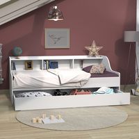Le Quai Des Affaires – Lit gigogne PALMA 90x190 – Étagère avec 3 niches – Tiroir-lit sur roulettes – Structure en panneau de particules – Finition blanche