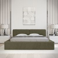 Cama con canapé VERNON – Tela chenilla rizada Hoja de olivo – 160x200 cm – Somier elevable – Diseño de alta gama