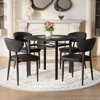 Conjunto de mesa de comedor redonda Ø100 cm efecto madera negra con incrustaciones de cristal y estante, con 4 sillas de comedor de PU negras