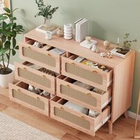 Cómoda 100x34x73 cm con 6 cajones de mimbre - tiradores dorados - estructura de madera maciza y MDF - estilo rústico - ideal para salón y entrada - Madera natural