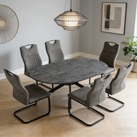 Ensemble de table à rallonges, table ronde en MDF de 120 à 160 cm(6 chaises, tissu, gris)
