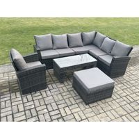 Fimous Rattan Ecksofa Gartenmöbel Set mit Großer Fußhocker Rechteckiger Couchtisch Sesseln mit Kissen Dunkelgrau gemischt