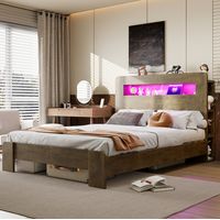 Letto piattaforma moderno in legno effetto vintage 140x200 cm con testiera contenitore, LED e prese integrate
