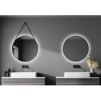 Talos Black Light Badspiegel - Dekospiegel - rund, 80 cm - Badezimmerspiegel mit LED Beleuchtung in neutralweiß - schwarz - Aufhängeband in Lederoptik - schwarz