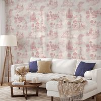 Papier peint vintage avec paysages roses pour salon Toile de Jouy Rosa