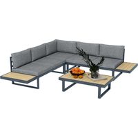 Ensemble salon de jardin d'angle design 5 places coussins table basse alu. gris anthracite et imitation bois