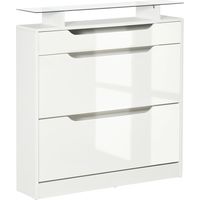 HOMCOM Mueble Zapatero de 2 Puertas Zapatero Estrecho para 16 Pares de Zapatos con Cajón Estante Abierto y Encimera de Vidrio para Pasillo Entrada 89x23x96 cm Blanco