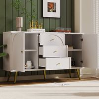 Commode 140x40x84cm avec 3 tiroirs 2 portes, buffets, buffets et placards, étagères réglables, poignées et pieds dorés, bois et métal, blanc