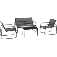 4-teilige Gartengarnitur, 2 Sessel, 2-Sitzer-Sofa, Tisch mit Glasplatte, atmungsaktiver Stoff, Metallrahmen, Schwarz