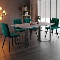 Ensemble table 140x80 cm pieds noirs plateau gris 4 chaises velours vert foncé