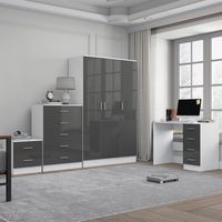 Reflect 3 Door Plain Wardrobe, 5 Drawer Chest, 2 Drawer Bedside & Desk - Grey Gloss & Matt White - Modern Bedroom Furniture Set
