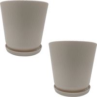 Relaxdays Flower Pot, 2 Pack, Plant Pot with Saucer, Ribbed, H x D: 20 x 20 cm, Herb Pot, Plastic, Beige