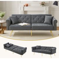Canapé convertible 2 places - Canapé-lit - dossier inclinable 3 positions - pieds en métal doré - en velours - gris