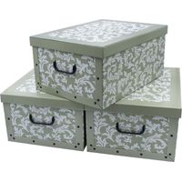 3er Set Aufbewahrungsbox mit Deckel 51 x 37 cm - Barock in oliv - Stapelbox aus Pappe mit Griffen 45 Liter - Organizer Storage Box Allzweck Spielzeug Kiste Geschenk Karton stapelbar