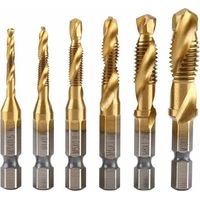 6 tarauds filetés, foret taraud, filetage métrique M3-M10 avec revêtement en titane HSS et embouts de taraudage 1/4 queue hexagonale cannelée pour tarauder différents fils.