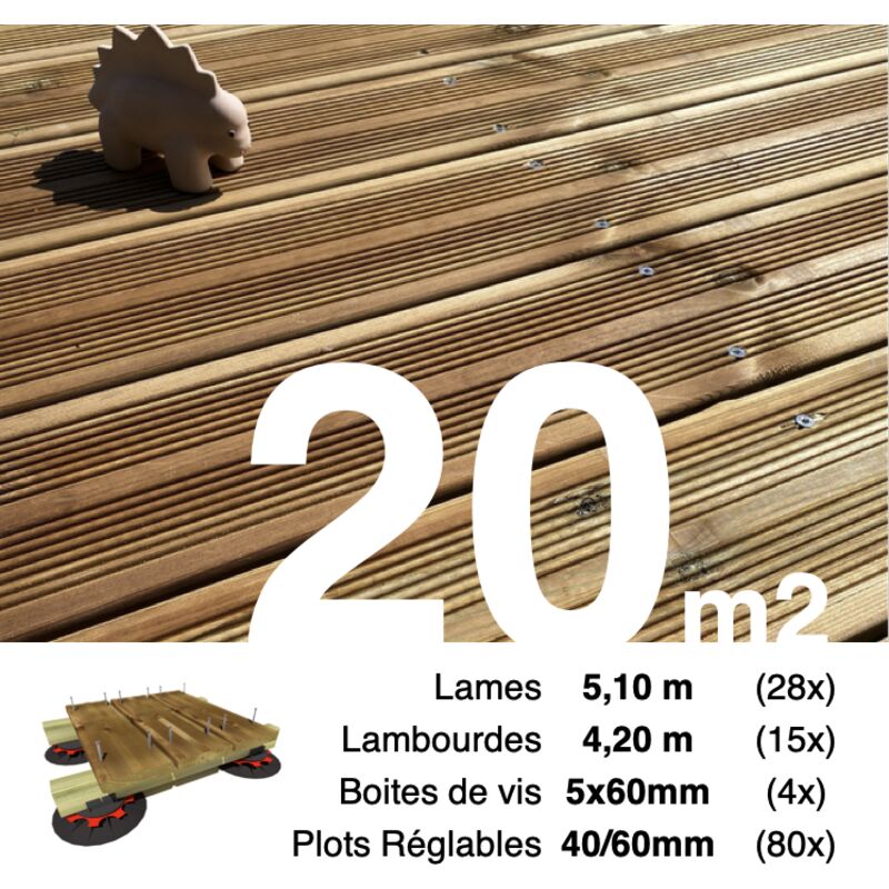 Terrasseenbois.fr - Kit complet terrasse Pin autoclave Marron pour 20 m² • Lames 5,1 m, lambourdes 4,2 m, plots réglables et visserie Inox •