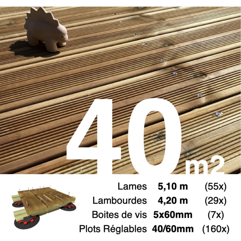 Terrasseenbois.fr - Kit complet terrasse Pin autoclave Marron pour 40 m² • Lames 5,1 m, lambourdes 4,2 m, plots réglables et visserie Inox •