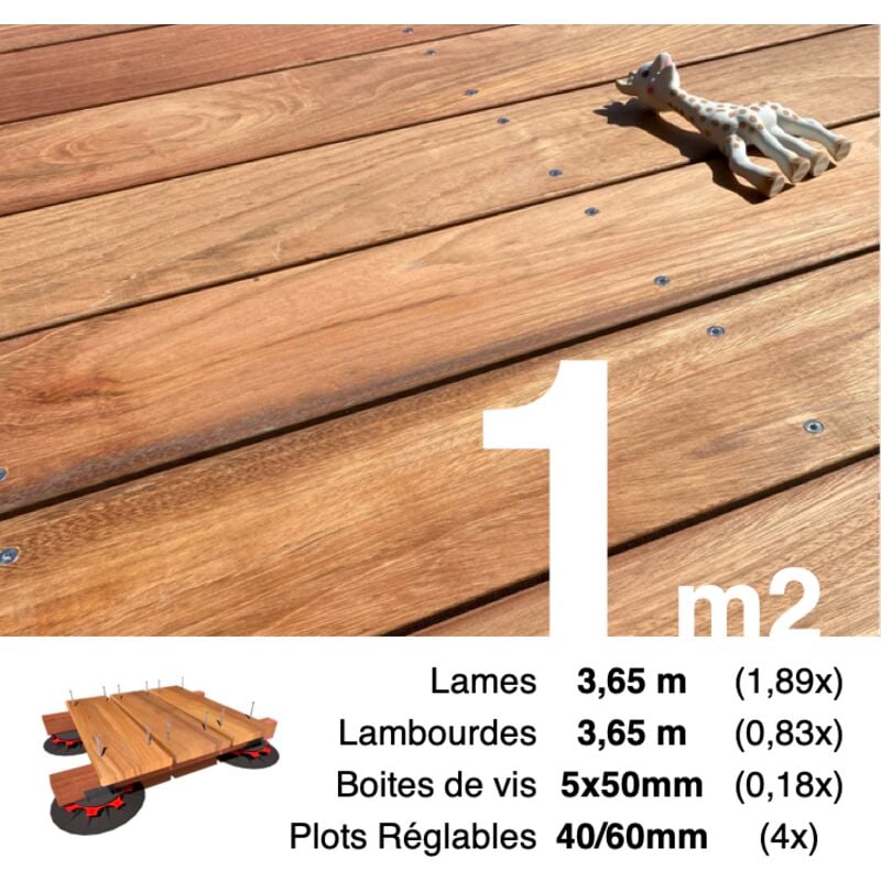 Terrasseenbois.fr - Kit complet terrasse bois exotique jatoba pour 1 m² • Lames 3,65 m, lambourdes 2,75 m, plots réglables et visserie Inox