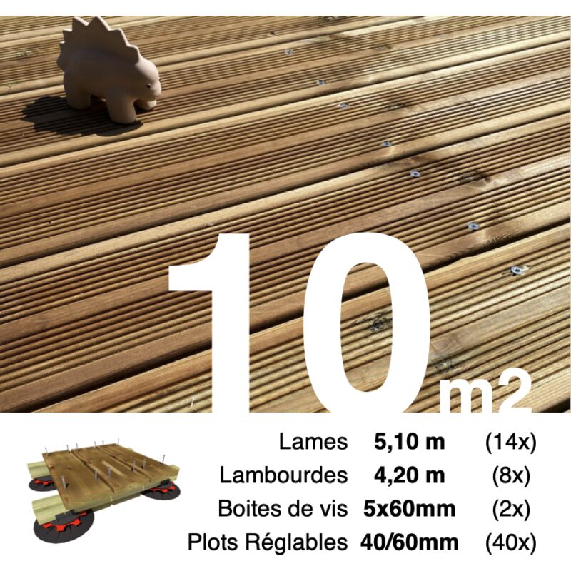 Kit complet terrasse Pin autoclave Marron pour 10 m² • Lames 5,1 m, lambourdes 4,2 m, plots réglables et visserie Inox