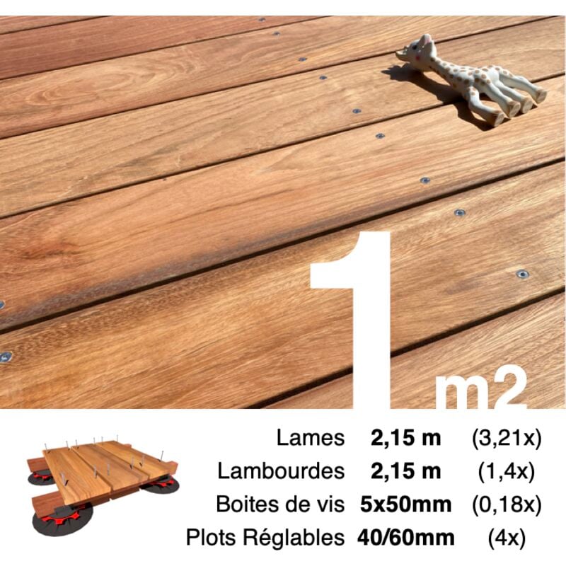 Terrasseenbois.fr - Kit complet terrasse bois exotique jatoba pour 1 m² • Lames 2,15 m, lambourdes 2,75 m, plots réglables et visserie Inox