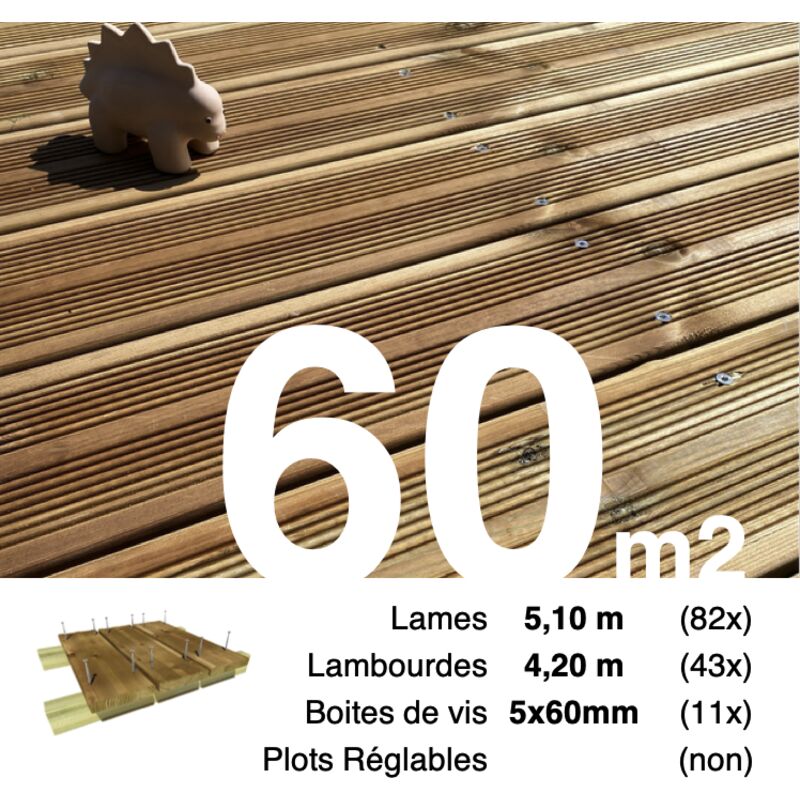 Terrasseenbois.fr - Kit terrasse Pin autoclave Marron pour 60 m² • Lames 5,1 m, lambourdes 4,2 m et visserie Inox • Livraison gratuite