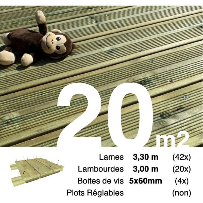 Terrasseenbois.fr - Kit terrasse Pin autoclave Vert pour 20 m² • Lames 3,3 m, lambourdes 3 m et visserie Inox • Livraison gratuite