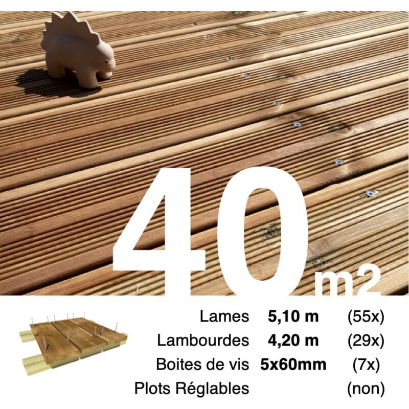 Terrasseenbois.fr - Kit terrasse Pin autoclave Marron pour 40 m² • Lames 5,1 m, lambourdes 4,2 m et visserie Inox • Livraison gratuite