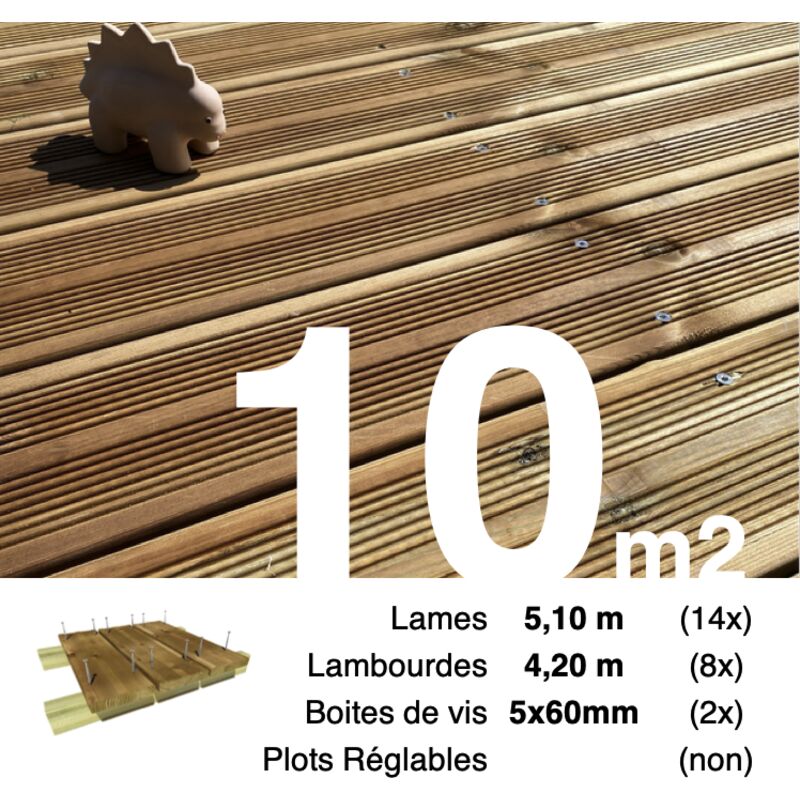 Kit terrasse Pin autoclave Marron pour 10 m² • Lames 5,1 m, lambourdes 4,2 m et visserie Inox