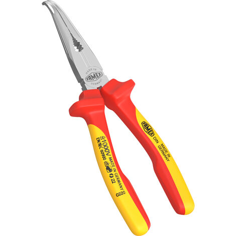 Pince à bec isolée courbée 200mm – Protection électrique – Forgée, affûtée, chromée mat – Tranchants trempés par induction – 3149 – Famex