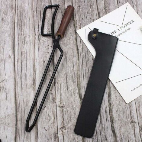Pince à bois robuste de 40 cm, accessoire de cheminée, housse anti-brûlure, longue pince à bois, pince à bois pour feu de camp et poêle (étui en cuir uniquement) (noir)