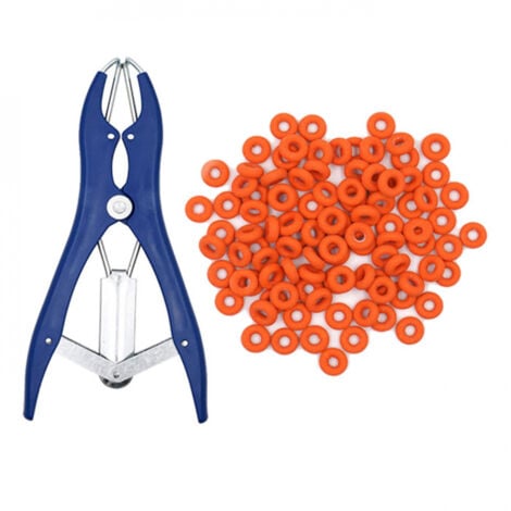 Pince à castration élastique en acier inoxydable pour bétail, porc, mouton, ceinture 100 anneaux en caoutchouc 21,5 cm bleu