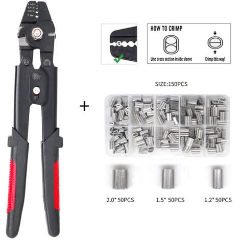 DOLASO Pince à corde avec fonction coupante pour manchons en aluminium de 0,1 mm à 2,2 mm,avec 150 pièces 1,2/1,5/2 mm en aluminium à double barillet