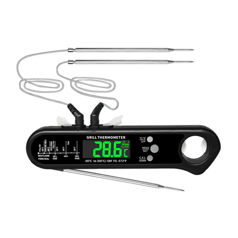 LIFCAUSAL Thermomètre Numérique de Cuisson pour Viande avec Double Sonde Alimenté par Pile, Lecture Instantanée 2-3s, Alarme Magnétique