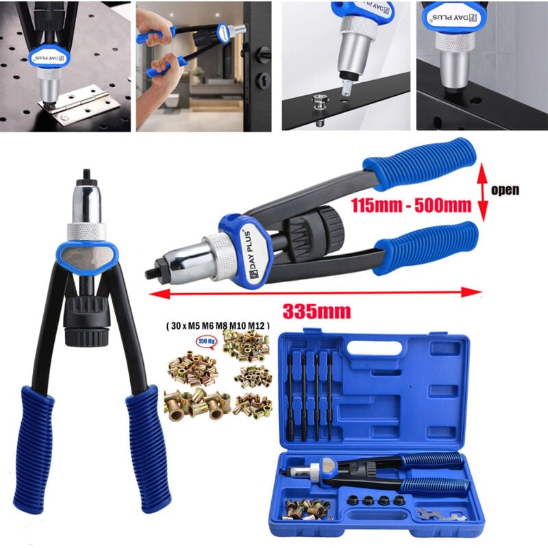 Pince à écrous à river professionnelle Clé à cliquet M5 M6 M8 M10 M12 y compris 150 écrous à river M5-M12 2024