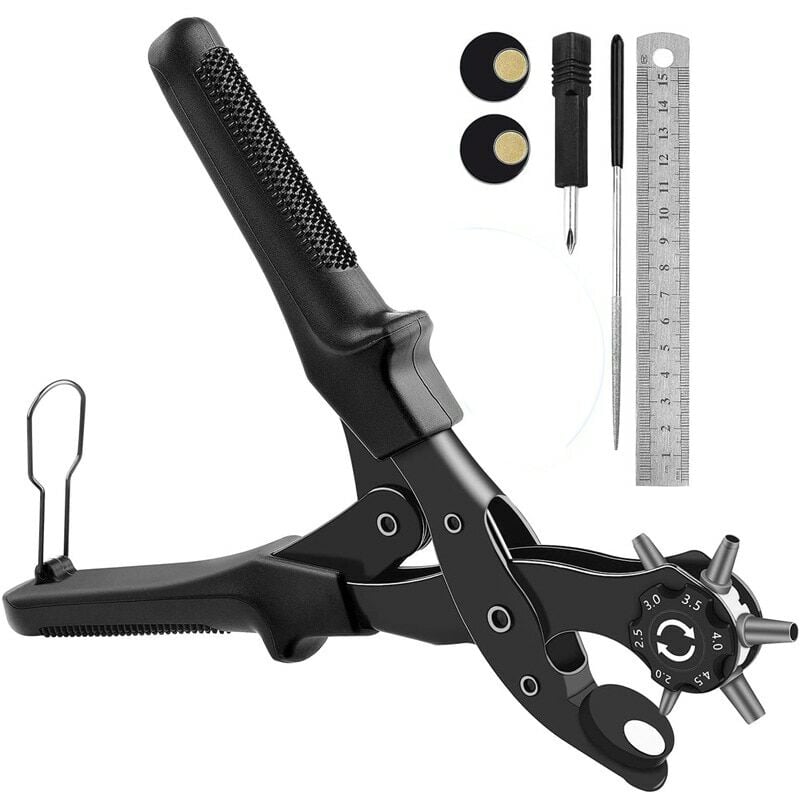 Jusch - Pince à poinçonner rotative, 6 tailles différentes, avec 2 plaques de base en laiton de remplacement, tournevis, règle et tige d'affûtage,