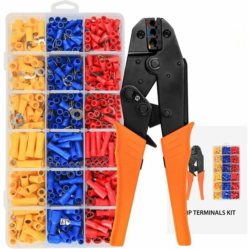 Pince à Sertir à Cliquet avec 700 Cosses Électrique pour câbles 0,5-1,5mm²/1,5-2,5mm²/4,0-6,0mm²