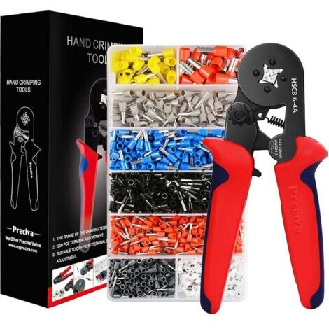 Pince à sertir avec 1200 cosses isolées à sertir de 0.25mm² à 10mm². Pince électricien, outils, bornes électriques (Pince à sertir+1200 cosses)