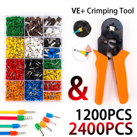 Pince à Sertir avec 1200pcs Cosses Electriques (300 Bornes à Double Fil), AWG23-10 Pince a Sertir Outil de Sertissage de Ferrule Outils de Sertissage Pince à Cliquet