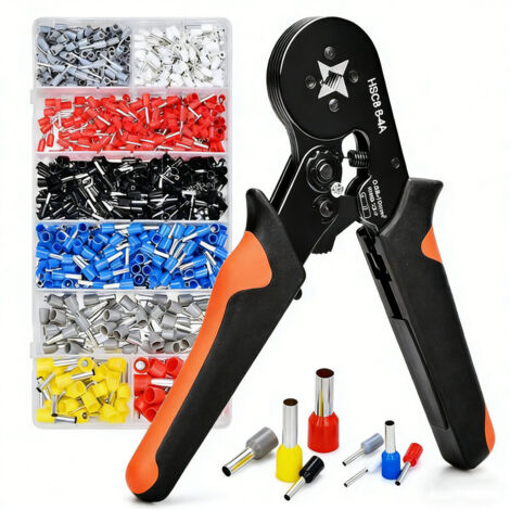 Pince à sertir carrée avec 1800 cosses électriques 0,5-10 mm², outil bricolage sertissage embouts câbles, kit d’outils de sertissage multifonction pour travaux électriques