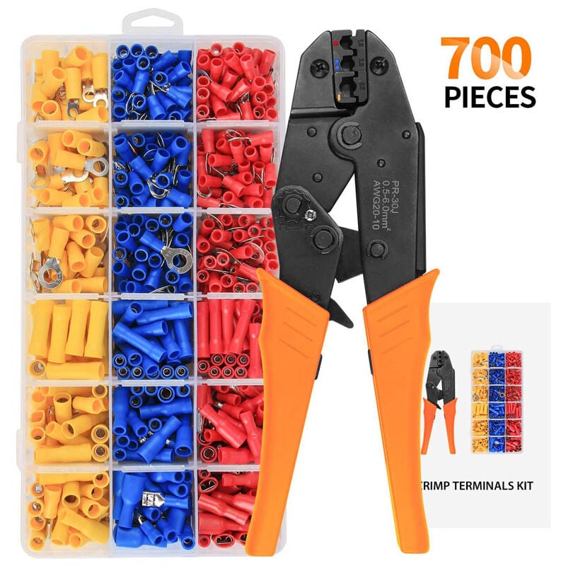 Aimoonsa - Pince à sertir cosse, Pince à Sertir à Cliquet 0,5-6 mm², Pince à Cosse de Câble, avec 700 Connecteurs à Sertir Isolés