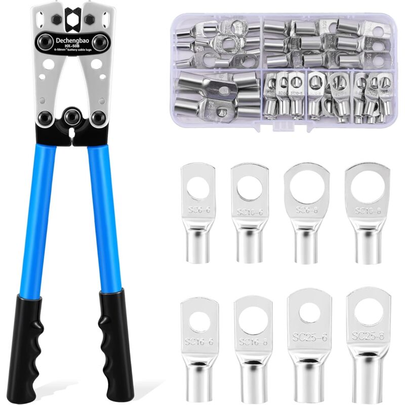 Pince à sertir pour câble de batterie de 6 à 50 mm² (10 à 1 AWG) avec 60 cosses en cuivre, 8 tailles, pince à sertir robuste pour borne de fil de