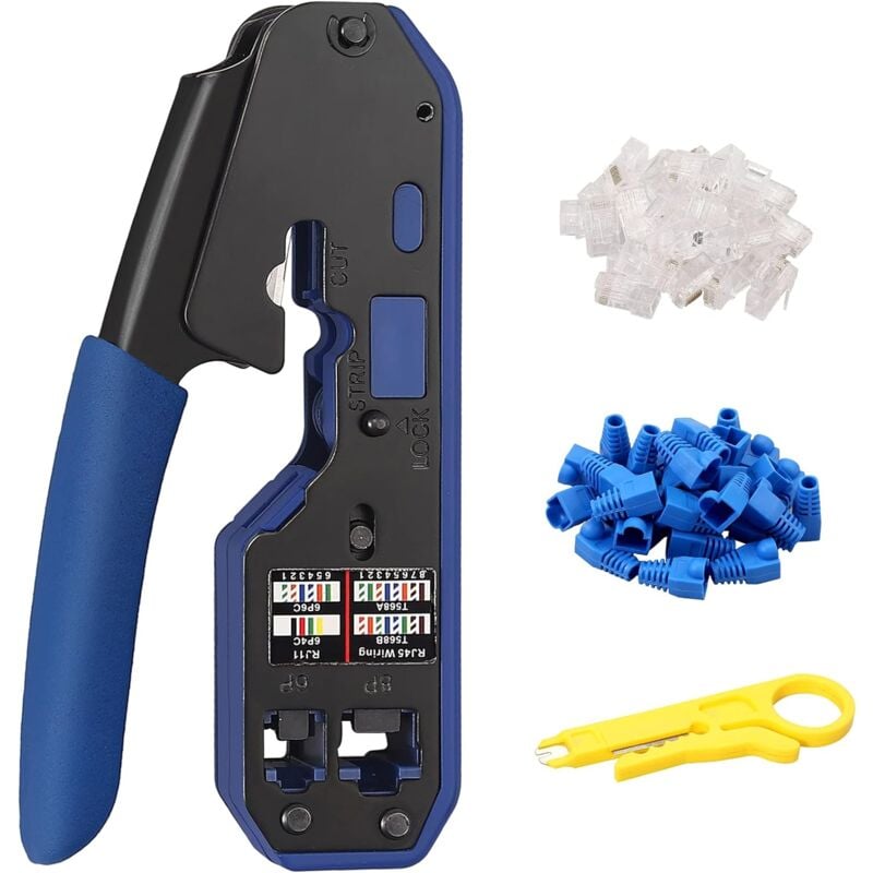 Pince à sertir Proster RJ45 Cat5 Cat5e Cat6 Cat6a RJ-11, 6P/RJ-12, 8P/RJ-45 avec 50 connecteurs 50 couvercles 1 pince à dénuder les fils Bornes pour