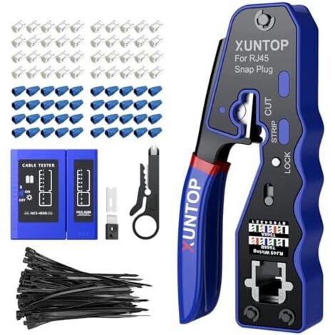 Pince à Sertir RJ45 Kit Pass-Through 8P8C – Compatible Cat5/Cat6/Cat6A/Cat7 Non Blindé Avec Testeur Réseau, 50 Connecteurs, Étiquettes Couleurs, Pour Bricolage & Installation Pro -