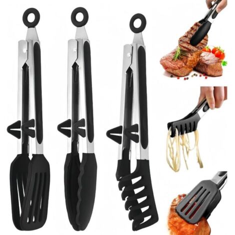 Pince à viande en silicone 3 pièces - Pince de cuisine - Pince de table - Pince à pâtes - Avec pieds - Poignées antidérapantes - Convient pour les nouilles, la viande et le pain - Noir