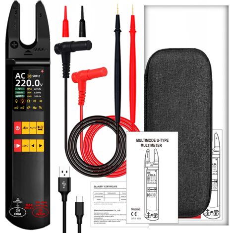 Pince ampèremétrique BSIDE U5 en forme de U, testeur de courant continu alternatif 600 A, True RMS, plage automatique, écran couleur TFT, NCV/Zéro, multimètre rechargeable USB 1200 mAh