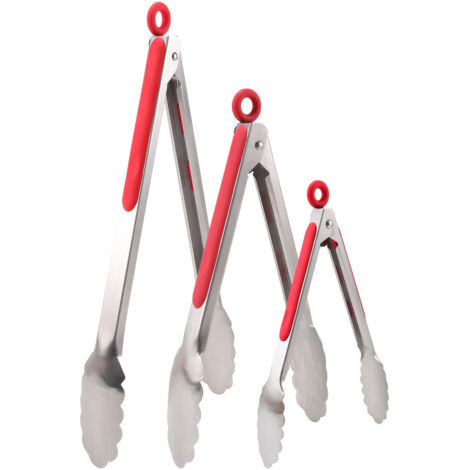 Pince Cuisine Professionnel, Ustensiles de Cuisine en Acier Inoxydable et Silicone Alimentaire, Pince de Cuisine Résistant à la Chaleur (Set de 3/Rouge)