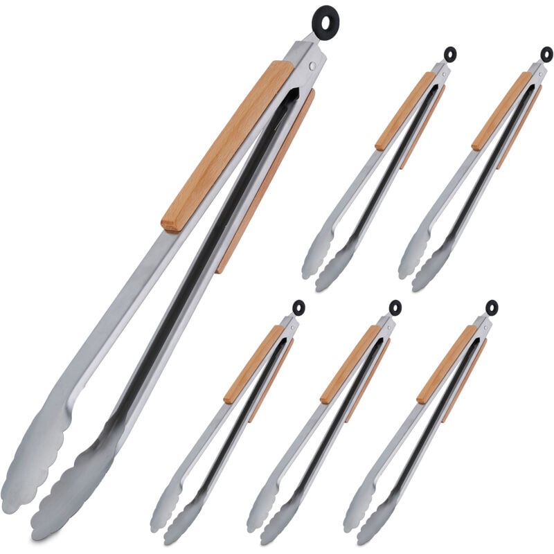 Pince de barbecue, lot de 6, long ustensile pour le grill, 38 cm, poignée en bois, acier inoxydable, argent/nature