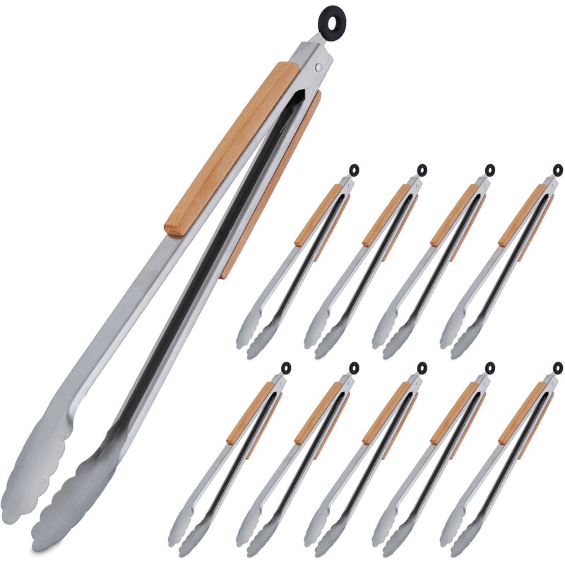 Pince de barbecue, lot de 10, long ustensile pour le grill, 38 cm, poignée en bois, acier inoxydable, argent/nature